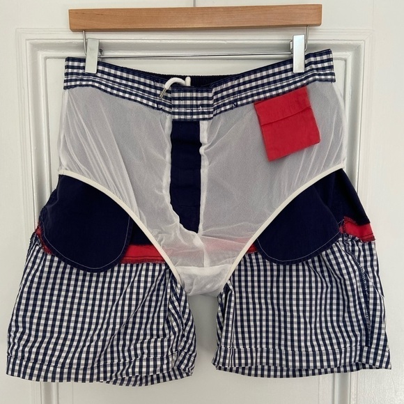 Brooks Brother Navy Blue White Red Gingham Nautical Classic Swim Trunks Shorts - Picture 9 of 13